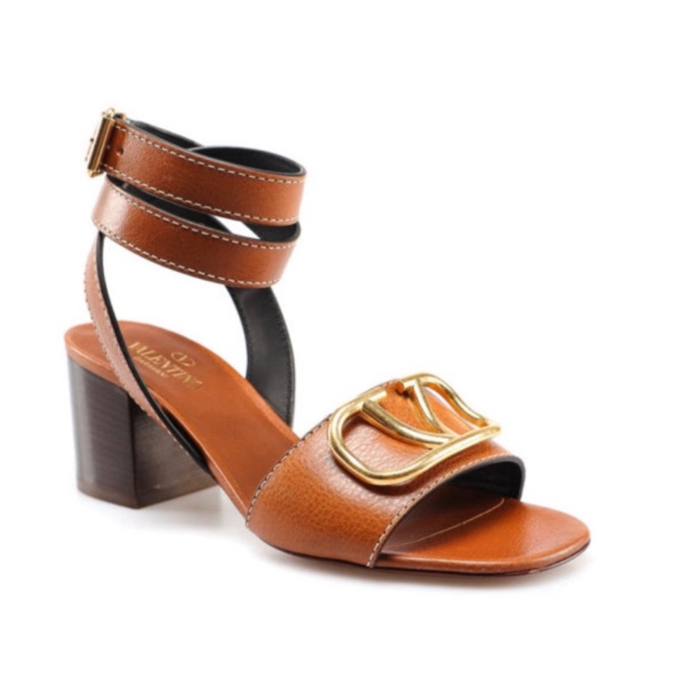 Valentino Garavani V logo Brown and Gold sandal with Ankle Wrap